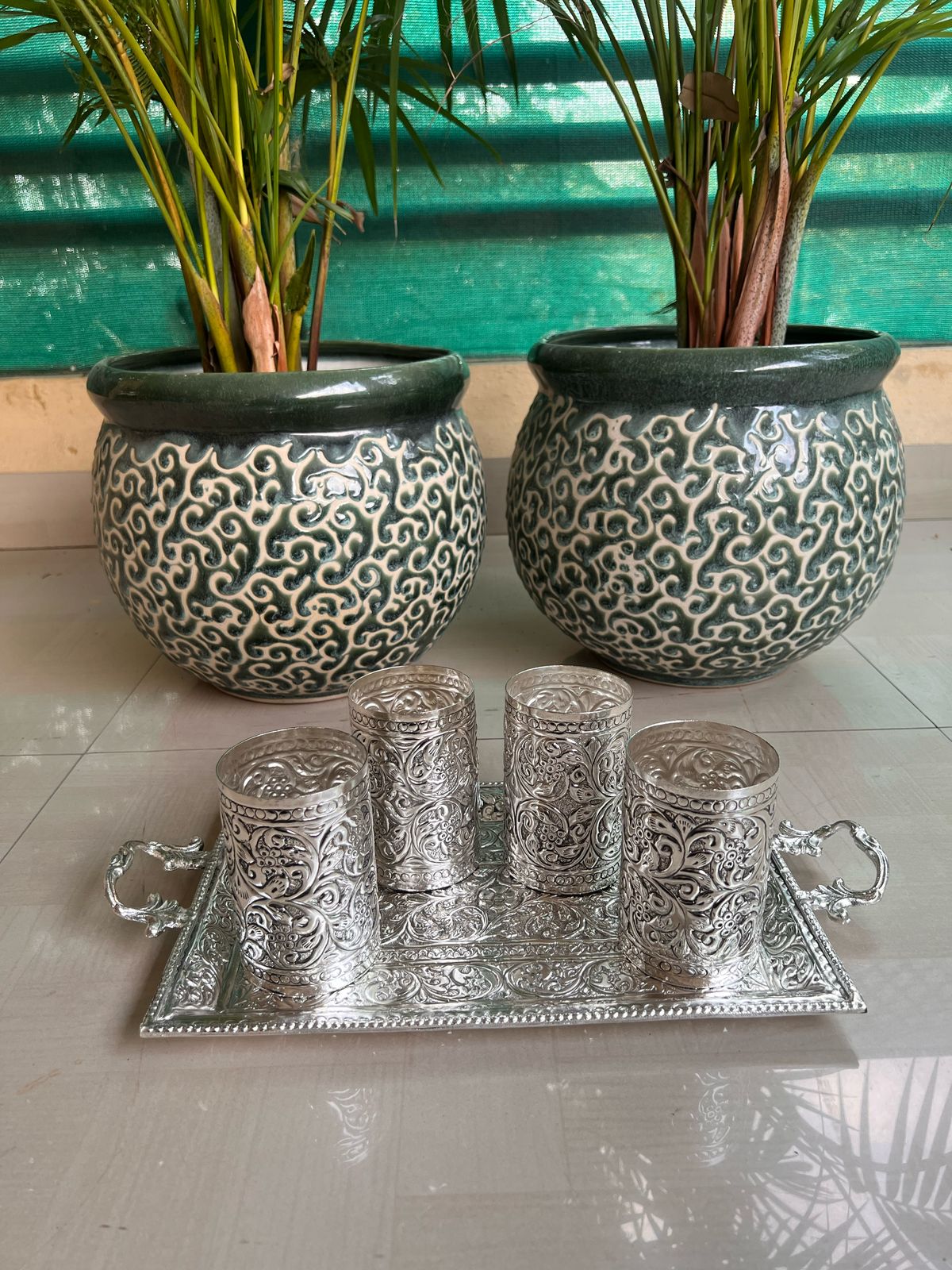 German Silver Tray with Handle and 4 Glass Set