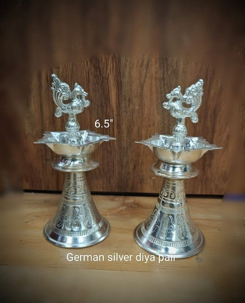 German Silver nakashi Peacock Oil Lamps for Housewarming Pooja/ Gift Item/ Diwali Festival
