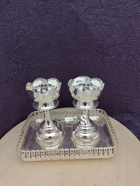 German Silver Tray with Diya Oil lamp for Diwali/ Housewarming Pooja