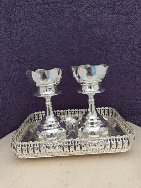German Silver Tray with Diya Oil lamp for Diwali/ Housewarming Pooja