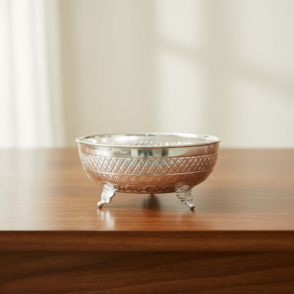 German Silver Bowl 8 Inch – Elegant Fruit & Pooja Serveware with Elephant Leg Design, Perfect Gift Item