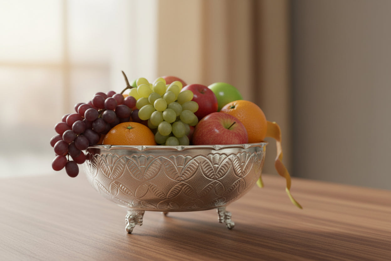 German Silver flower design Bowl 8 Inch – Elegant Fruit & Pooja Serveware with Elephant Leg Design, Perfect Gift Item