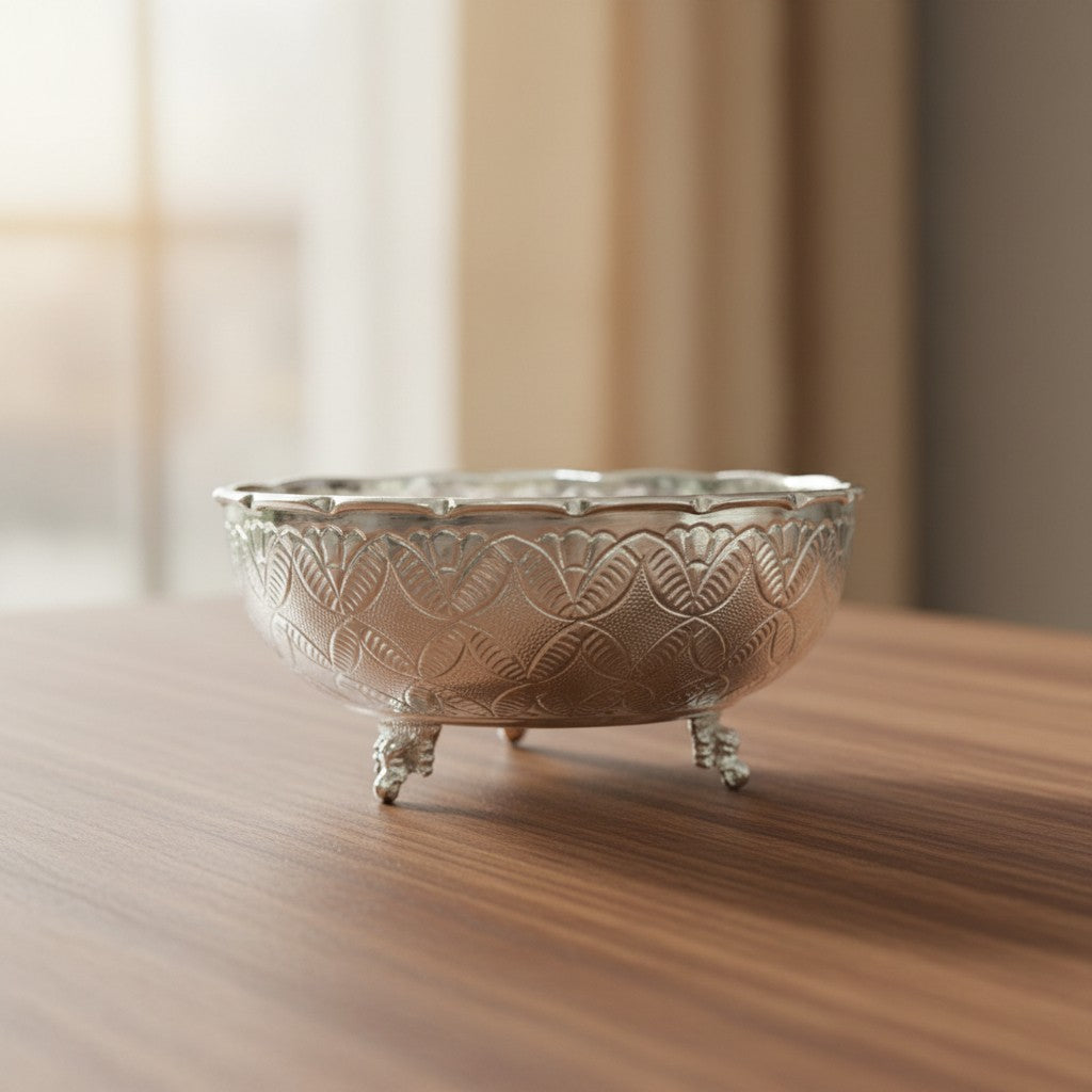 German Silver flower design Bowl 8 Inch – Elegant Fruit & Pooja Serveware with Elephant Leg Design, Perfect Gift Item