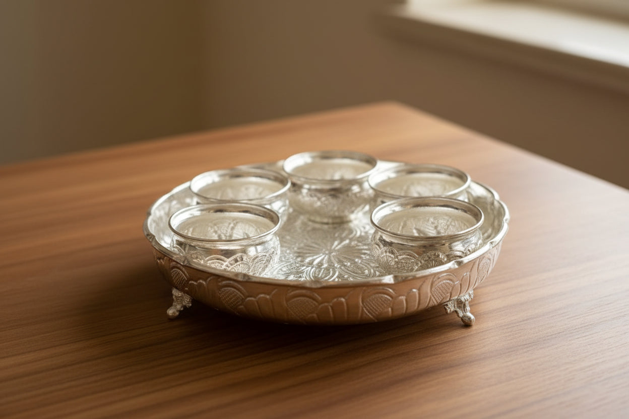 German Silver Tray Set with 5 Bowls – Elephant Legged Matt Finish Serveware for Sweets, Desserts, Pooja & Festive Décor