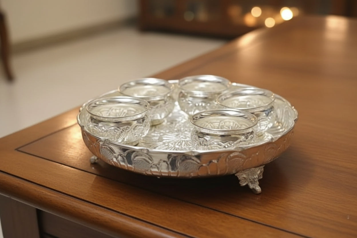 German Silver Tray Set with 5 Bowls – Elephant Legged Matt Finish Serveware for Sweets, Desserts, Pooja & Festive Décor