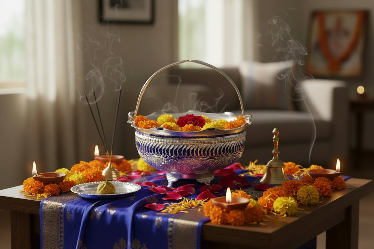 German Silver Flower Basket Bowl 8 Inch – Elegant Handle Design for Pooja, Home Décor & Gift Item