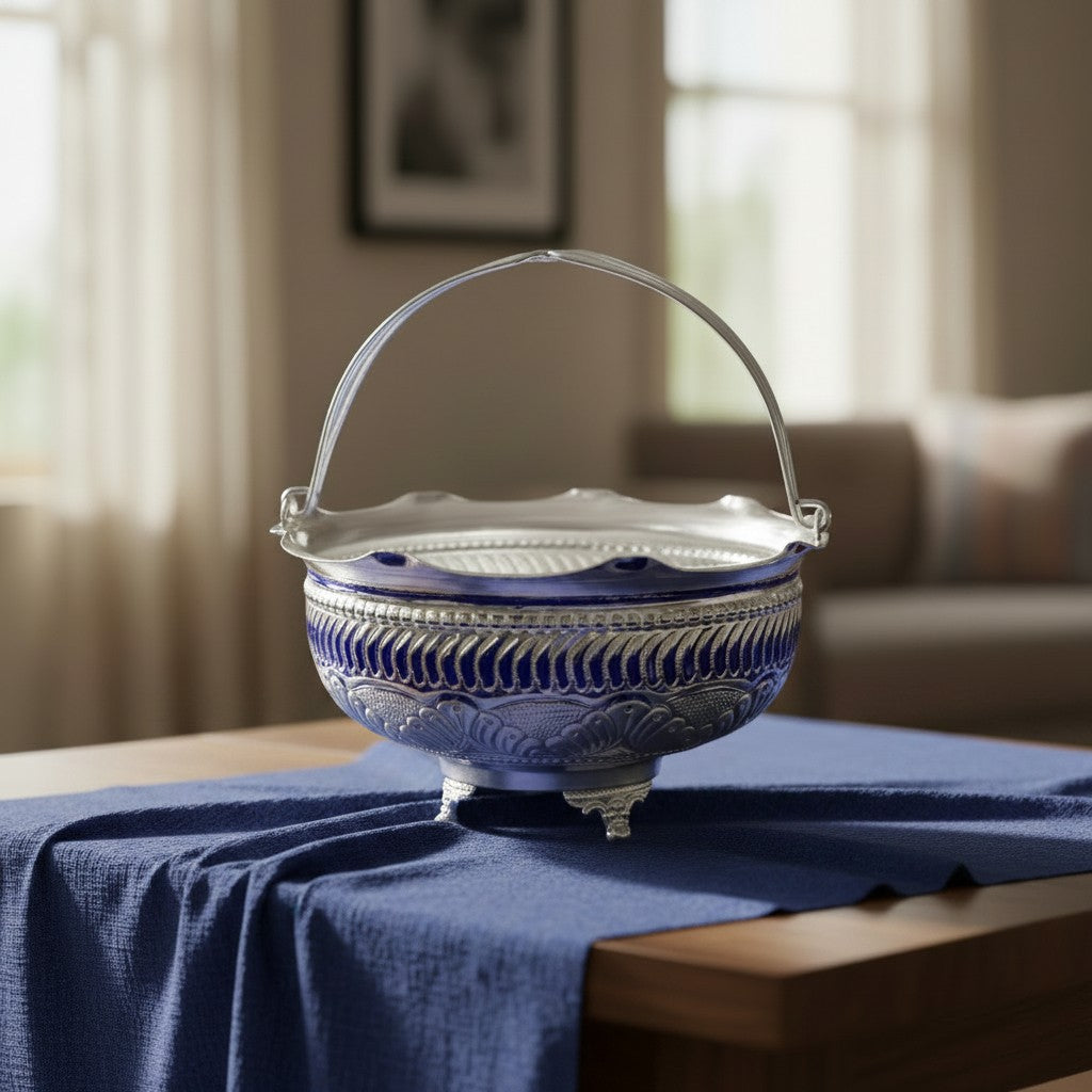 German Silver Flower Basket Bowl 8 Inch – Elegant Handle Design for Pooja, Home Décor & Gift Item
