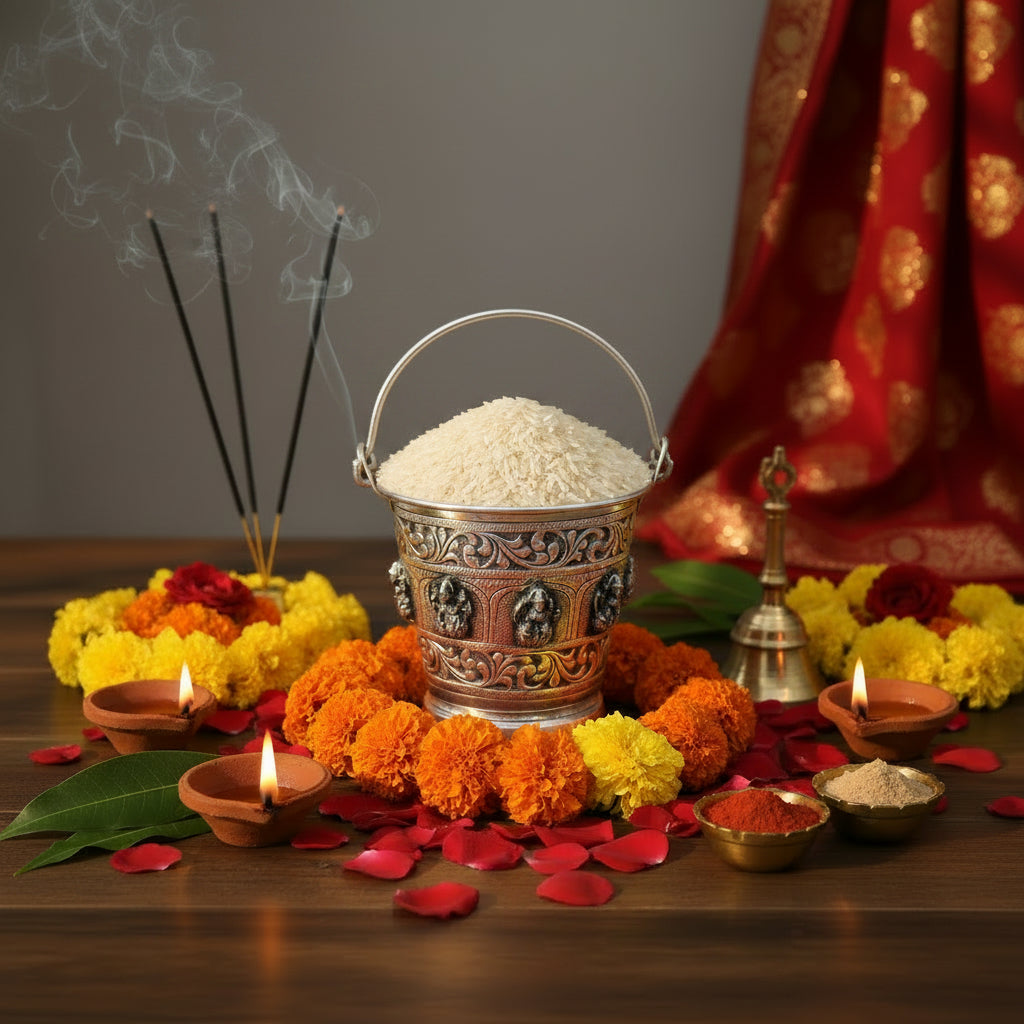 German Silver Lakshmi Bucket 4 Inch – Elegant Matt Finish Pooja Accessory & Gift Item