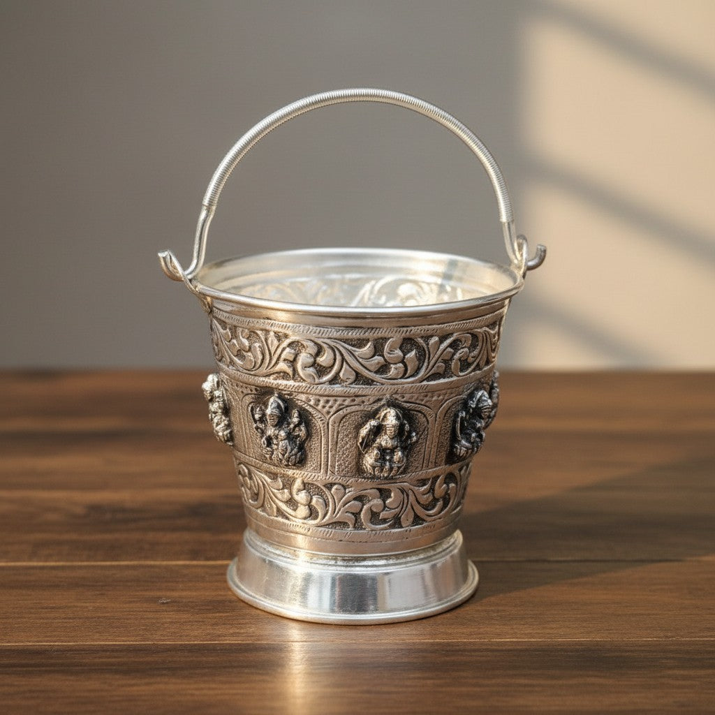 German Silver Lakshmi Bucket 4 Inch – Elegant Matt Finish Pooja Accessory & Gift Item