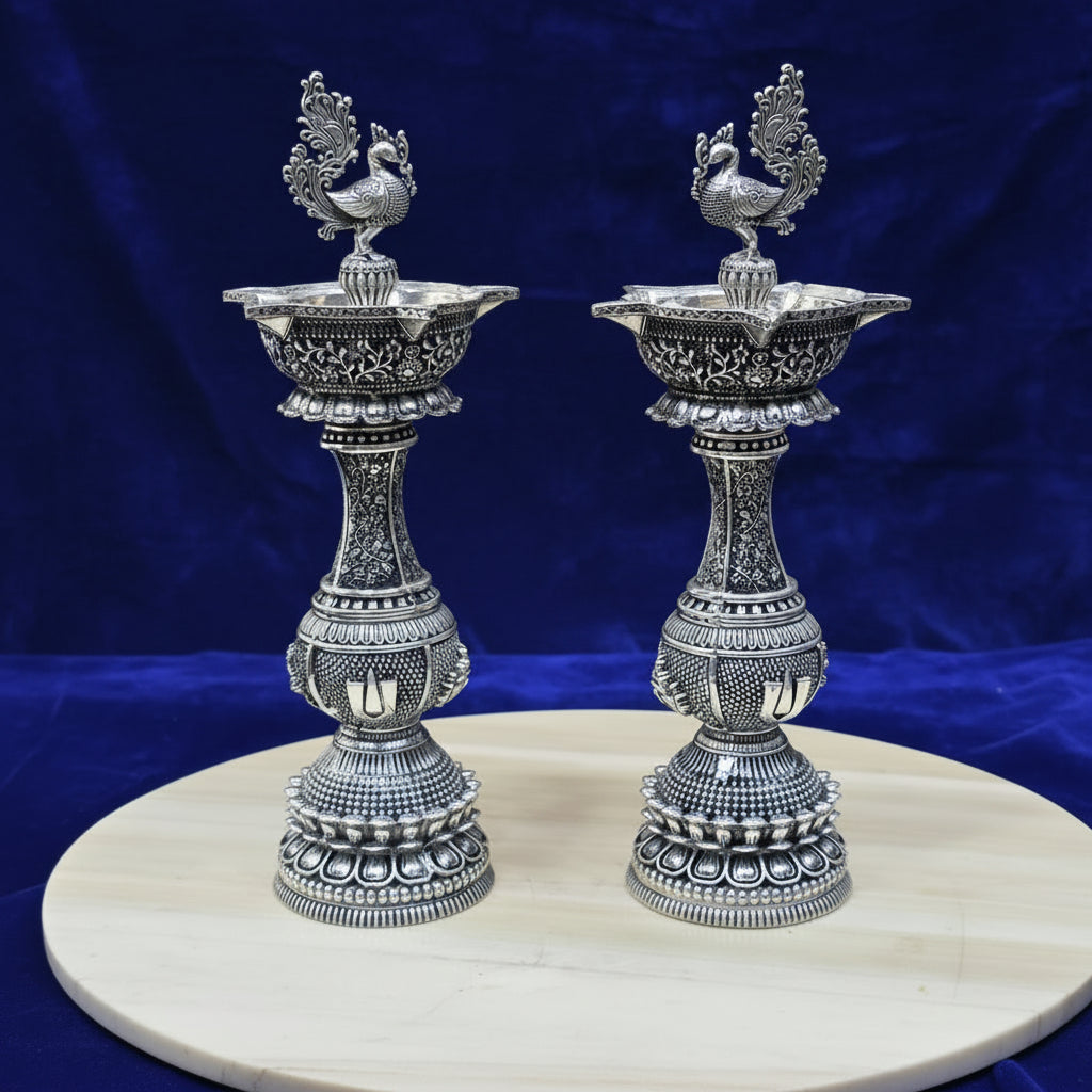 German Silver Peacock Diya 12 Inch – Antique Finish Traditional Lamp for Housewarming, Pooja & Festive Décor