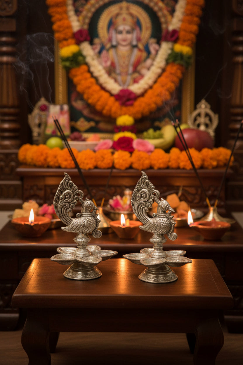 German Silver Set of 2 Panch Mukhi Peacock Diya – Matt Finish Decorative Lamps for Housewarming Pooja & Festive Décor