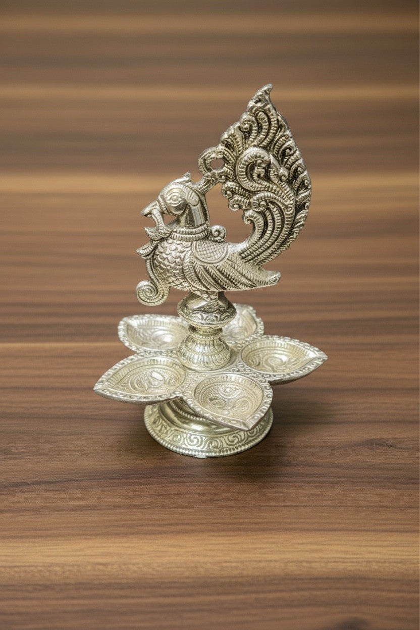 German Silver Set of 2 Panch Mukhi Peacock Diya – Matt Finish Decorative Lamps for Housewarming Pooja & Festive Décor