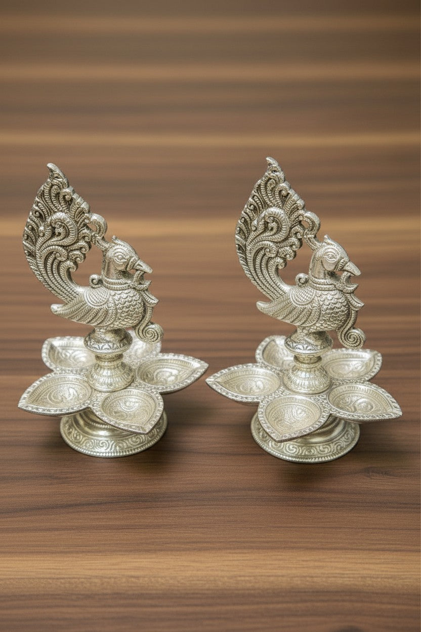 German Silver Set of 2 Panch Mukhi Peacock Diya – Matt Finish Decorative Lamps for Housewarming Pooja & Festive Décor