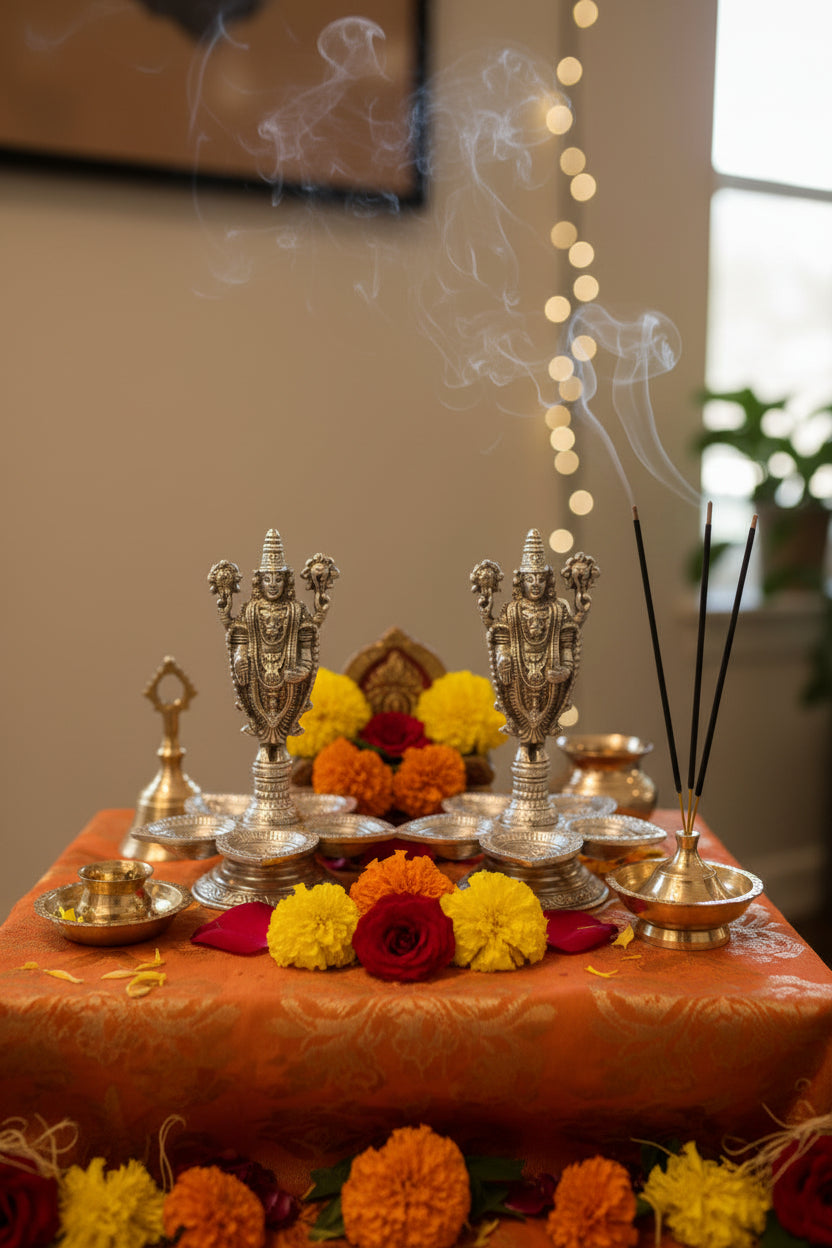 German Silver Set of 2 Panch Mukhi balaji Diya – Matt Finish Decorative Lamps for Housewarming Pooja & Festive Décor