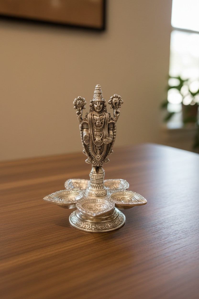German Silver Set of 2 Panch Mukhi balaji Diya – Matt Finish Decorative Lamps for Housewarming Pooja & Festive Décor