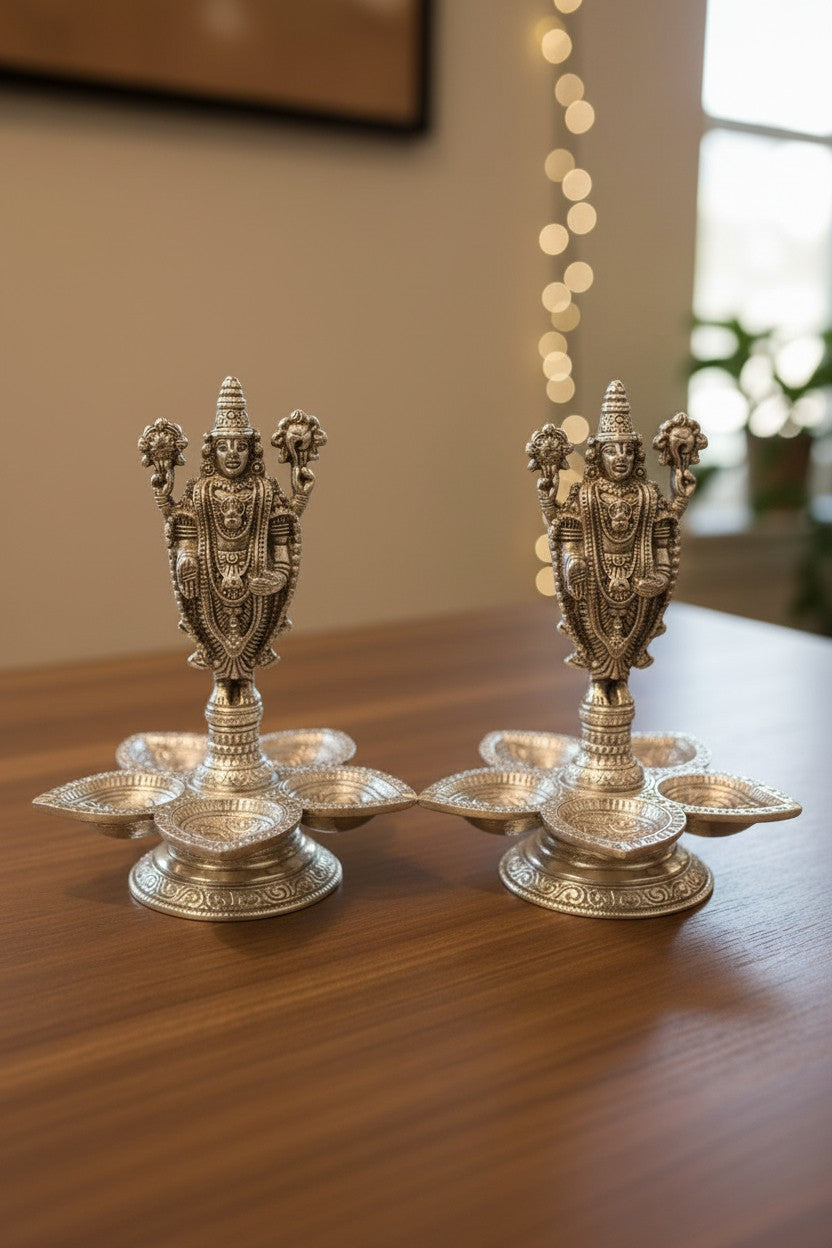 German Silver Set of 2 Panch Mukhi balaji Diya – Matt Finish Decorative Lamps for Housewarming Pooja & Festive Décor