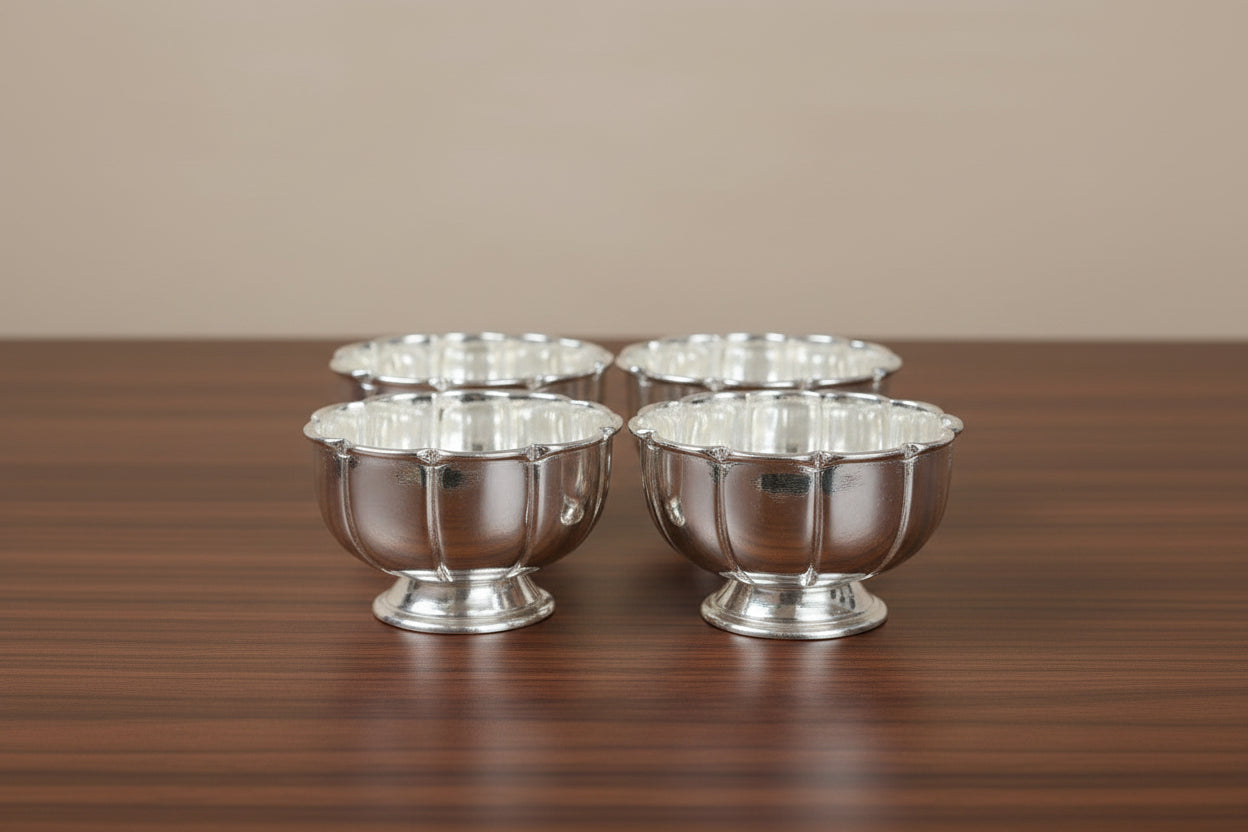 German Silver Flower Bowl Set of 4 with Stand – Matt Finish Ice Cream, Dessert & Prasadam Serveware for Elegant Home Décor