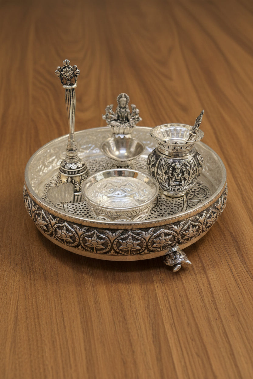 Pure Silver Plated Pooja Thali Set with Antique Finish – Lakshmi Design Urli for Housewarming & Festive Décor