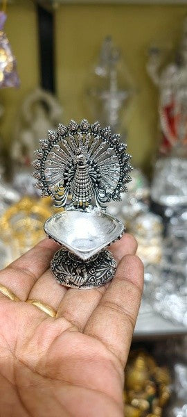 Pure Silver Plated German Silver Dancing Peacock Diya Pair – Elegant Antique Finish Lamps for Housewarming Pooja & Festive Décor
