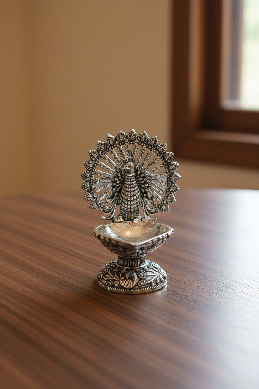 Pure Silver Plated German Silver Dancing Peacock Diya Pair – Elegant Antique Finish Lamps for Housewarming Pooja & Festive Décor