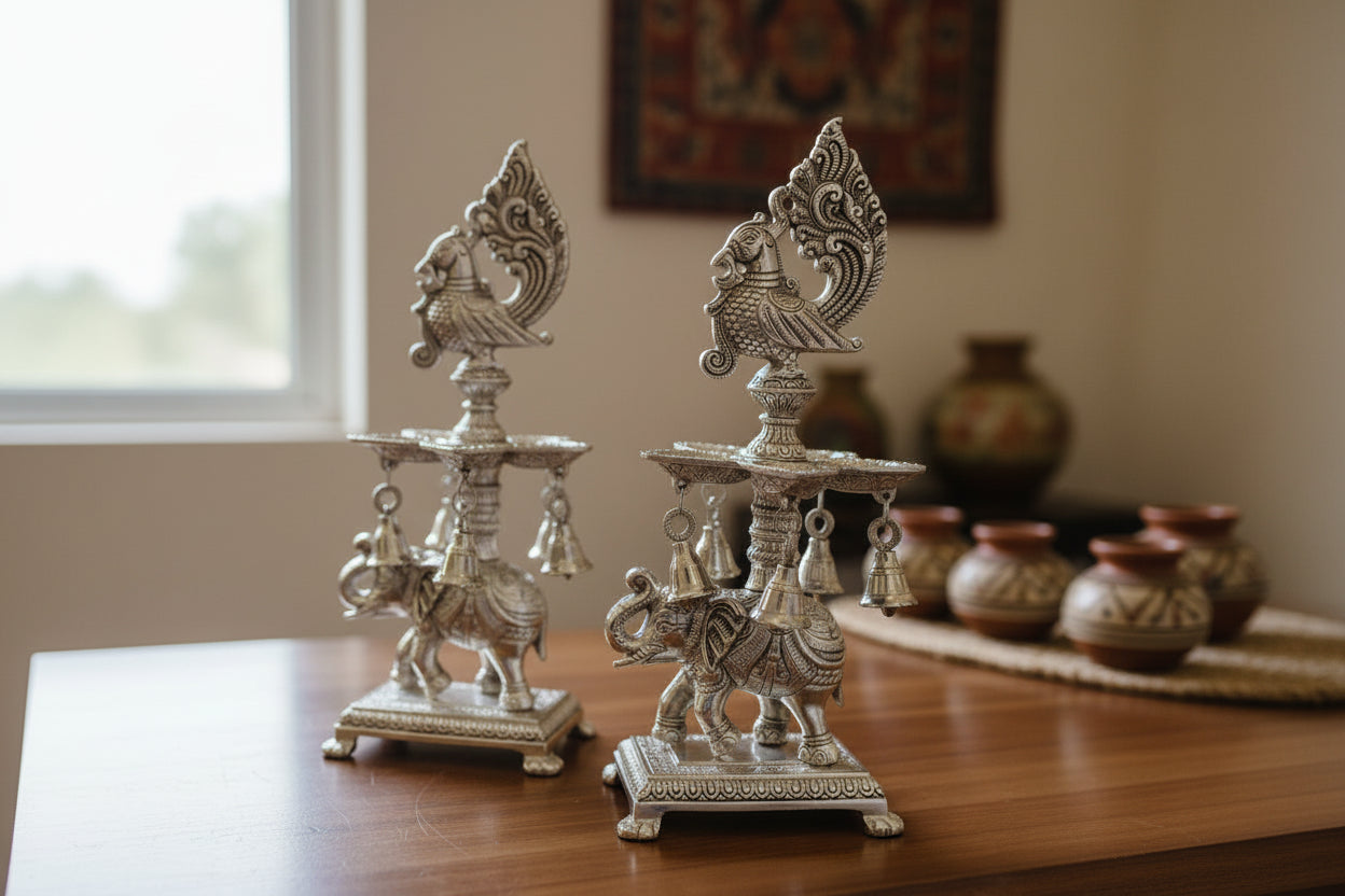 German Silver Elephant Diya with Matt Finish – Bell Peacock Panchmukhi Diya Pair for Housewarming Pooja & Festive Décor