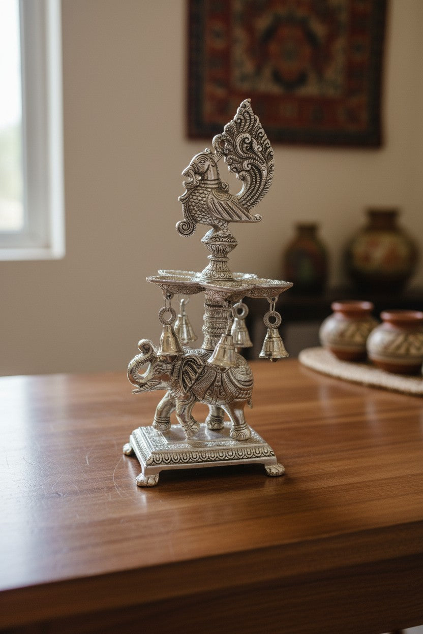 German Silver Elephant Diya with Matt Finish – Bell Peacock Panchmukhi Diya Pair for Housewarming Pooja & Festive Décor