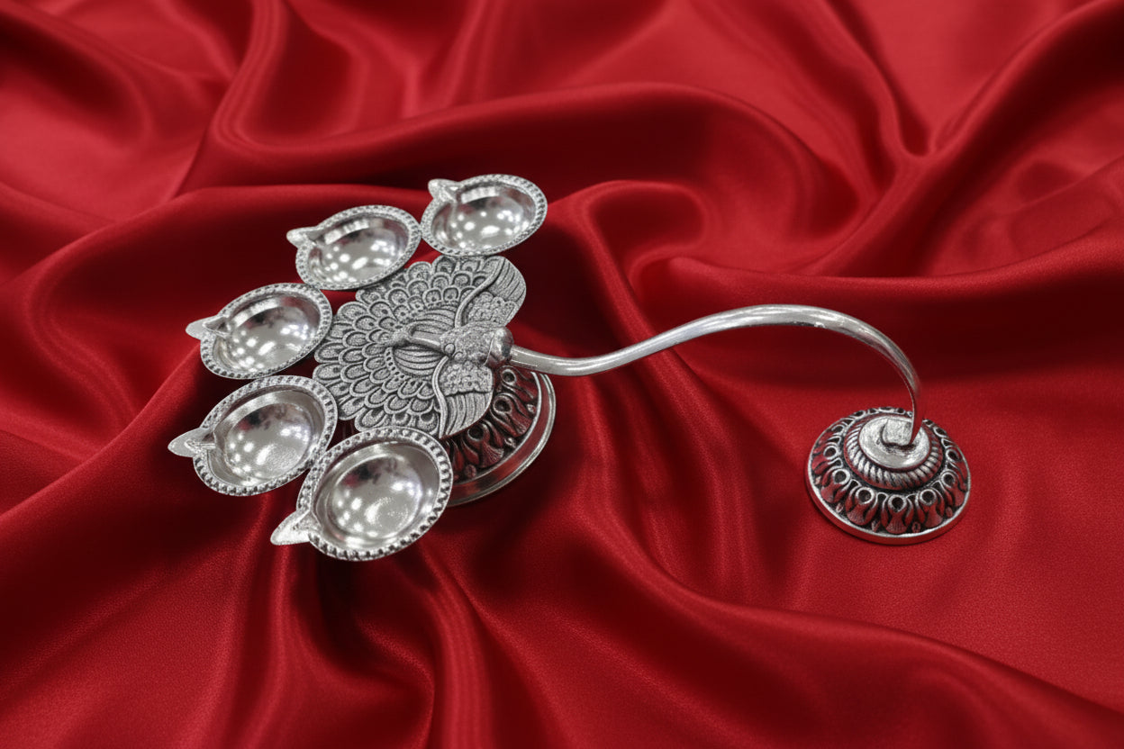 Antique Pure Silver Plated 5 Diya Harathi – Elegant Traditional Lamp for Housewarming Pooja & Festive Décor