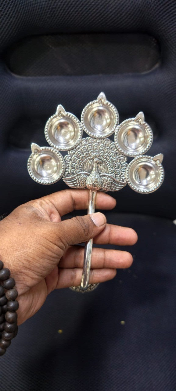 Antique Pure Silver Plated 5 Diya Harathi – Elegant Traditional Lamp for Housewarming Pooja & Festive Décor