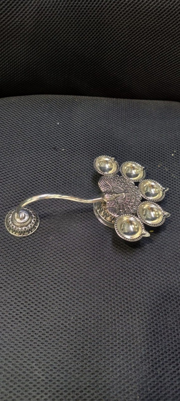 Antique Pure Silver Plated 5 Diya Harathi – Elegant Traditional Lamp for Housewarming Pooja & Festive Décor