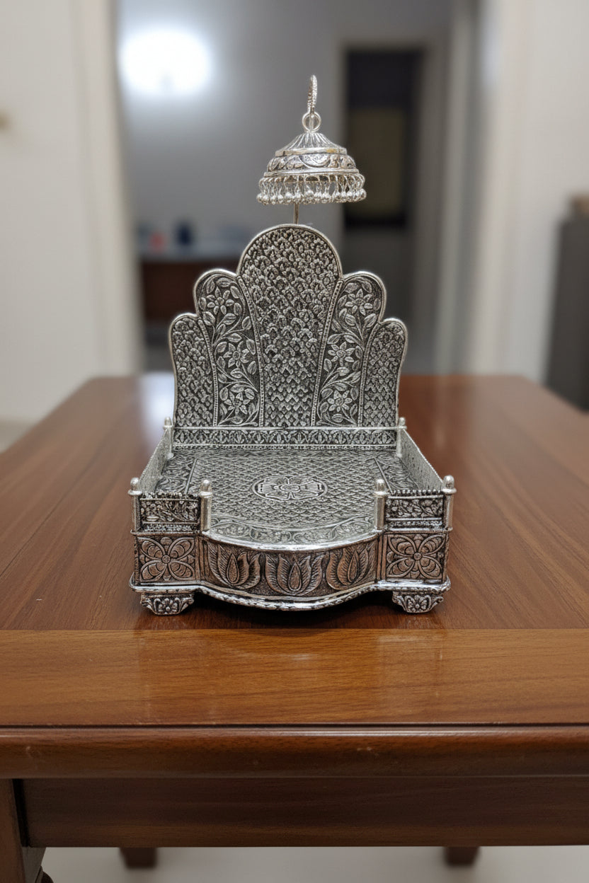 Pure Silver Plated Flower Design Singhasan with Antique Finish – Detachable Chattar Pattern for Pooja & Housewarming Décor