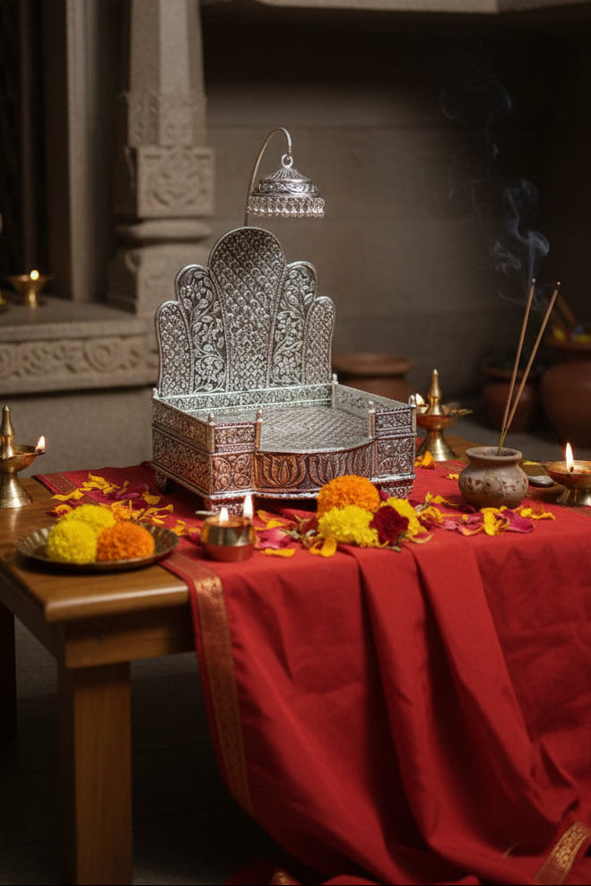 Pure Silver Plated Flower Design Singhasan with Antique Finish – Detachable Chattar Pattern for Pooja & Housewarming Décor