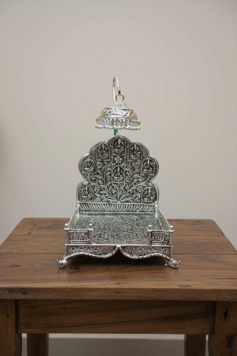 Pure Silver Plated ashtha lakshmi  Singhasan with Antique Finish – Detachable Chattar Pattern for Pooja & Housewarming Décor
