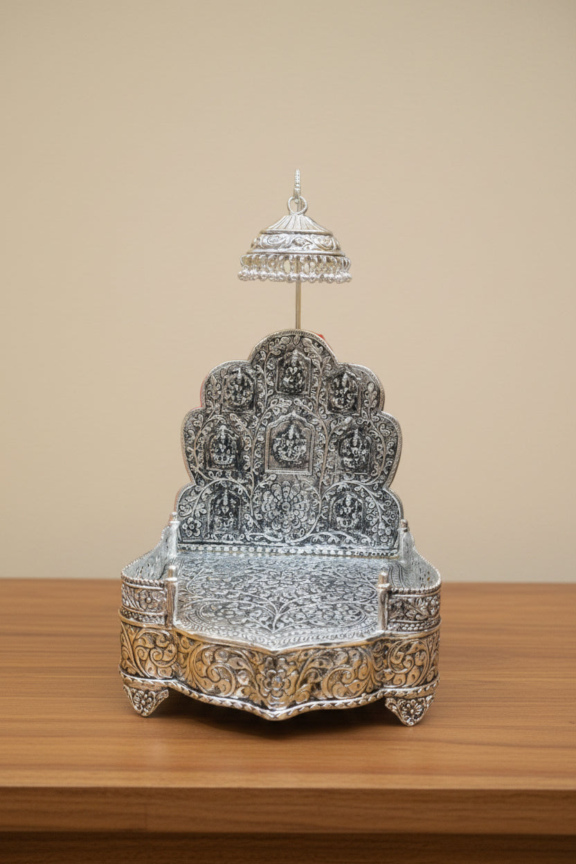 Pure Silver Plated lakshmi Singhasan with Antique Finish – Detachable Chattar Pattern for Pooja & Housewarming Décor