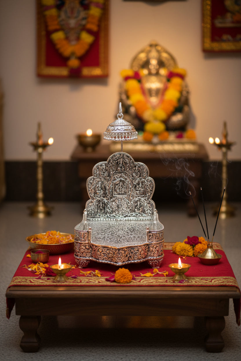 Pure Silver Plated lakshmi Singhasan with Antique Finish – Detachable Chattar Pattern for Pooja & Housewarming Décor
