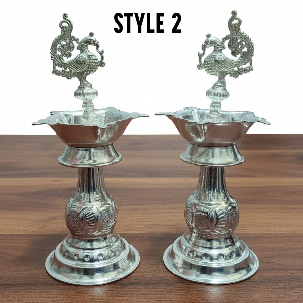 German Silver Peacock Diya 7 Inch – Elegant Matt Finish Lamp for Housewarming Pooja, Festive Rituals & Spiritual Décor