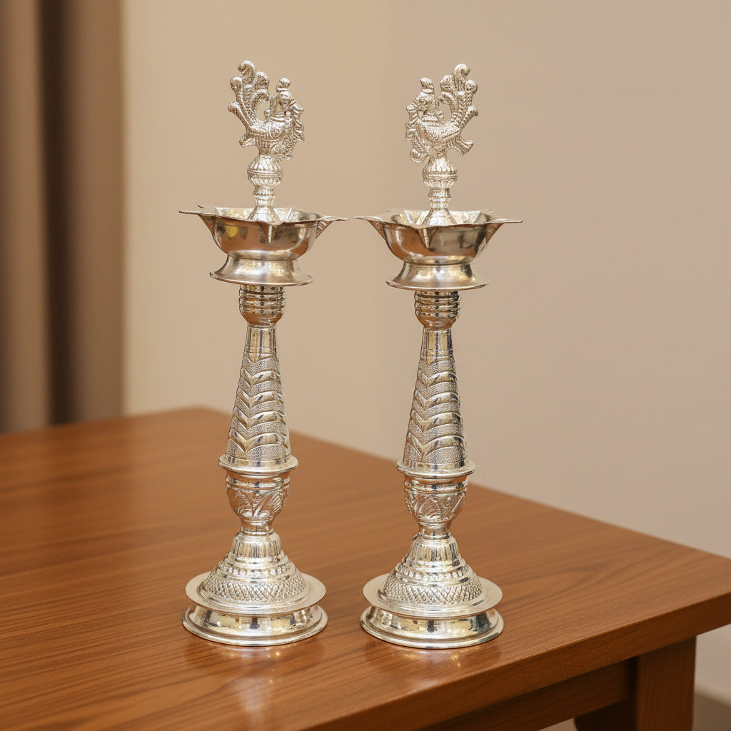 German Silver Peacock Diya 15 Inch – Elegant Matt Finish Lamp for Housewarming Pooja, Festive Rituals & Spiritual Décor