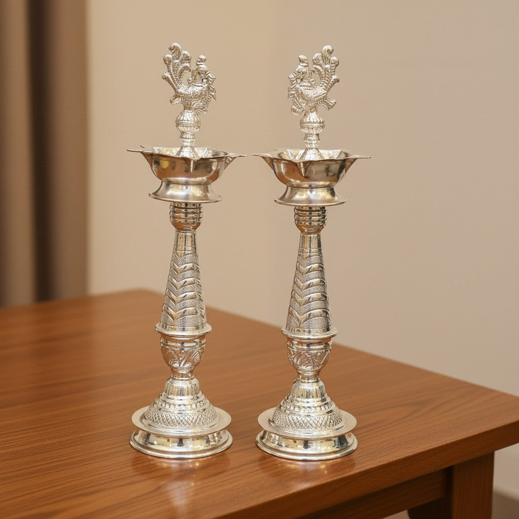 German Silver Peacock Diya 15 Inch – Elegant Matt Finish Lamp for Housewarming Pooja, Festive Rituals & Spiritual Décor
