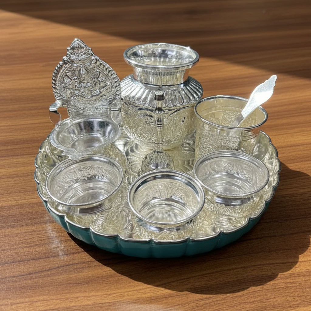 German Silver Pooja Thali Set – 9 Piece Matt Finish Ensemble for Housewarming, Festive Rituals & Spiritual Décor