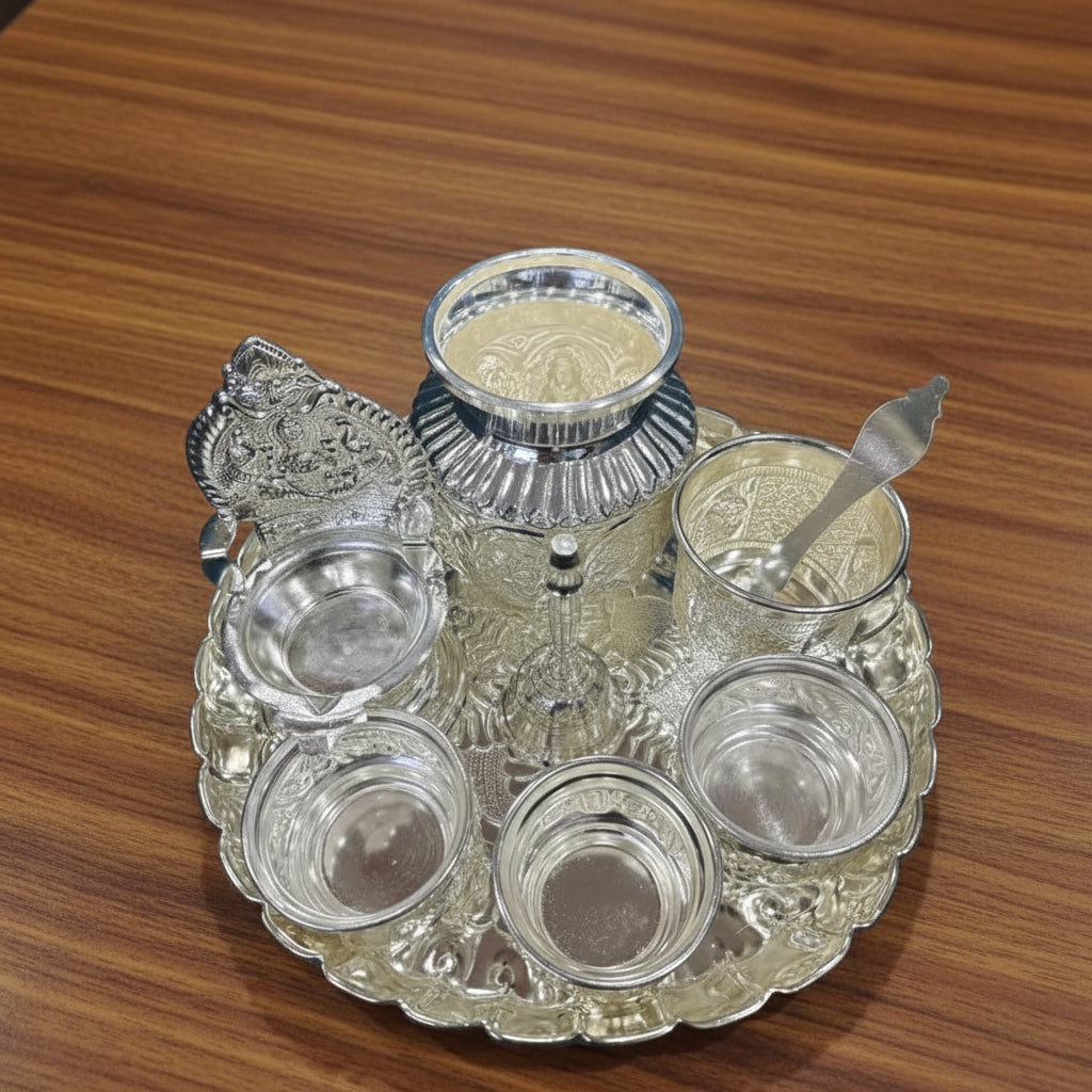 German Silver Pooja Thali Set – 9 Piece Matt Finish Ensemble for Housewarming, Festive Rituals & Spiritual Décor