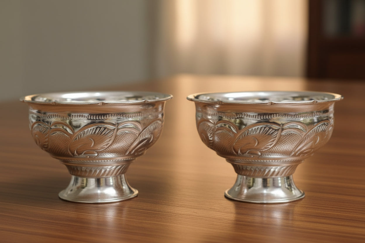 German Silver Bowl Set – 2 Pieces for Sweets, Desserts & Pooja Rituals