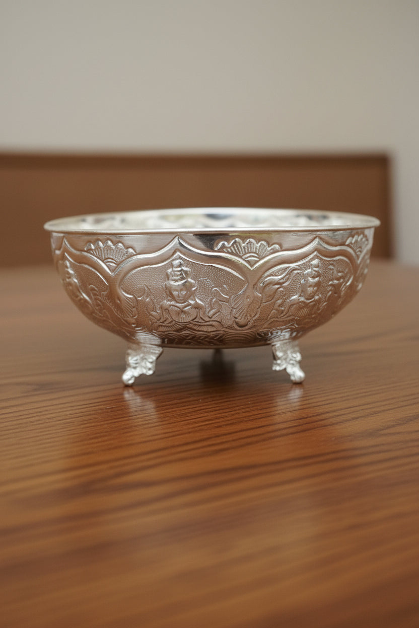 German Silver ashtha lakshmi Bowl 8 Inch – Elegant Fruit & Pooja Serveware with Elephant Leg Design, Perfect Gift Item