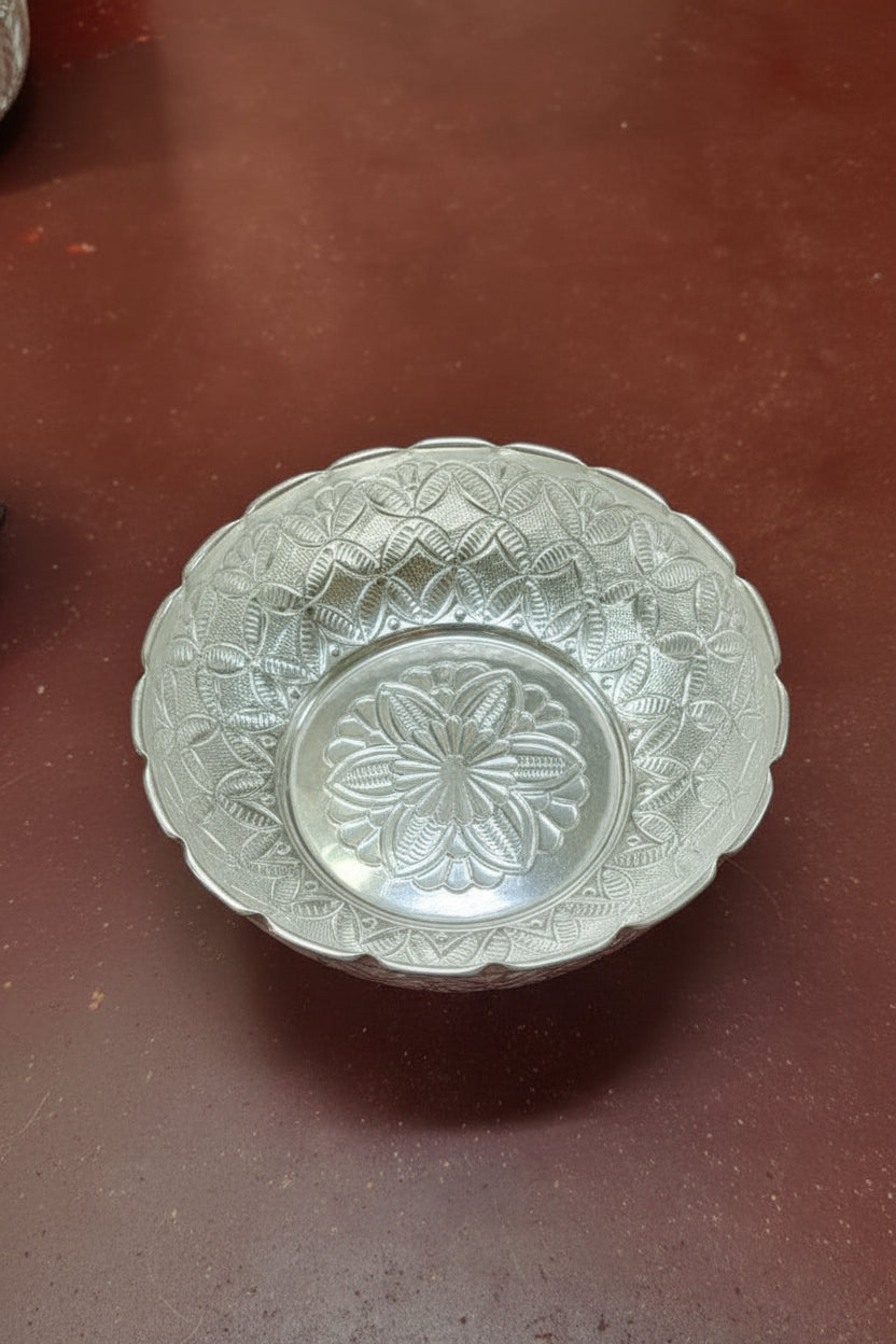German Silver flower design Bowl 8 Inch – Elegant Fruit & Pooja Serveware with Elephant Leg Design, Perfect Gift Item
