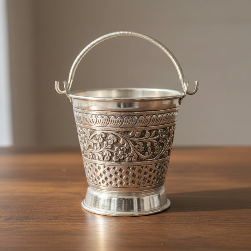 German Silver Bucket 4 Inch – Elegant Matt Finish Pooja Accessory & Gift Item