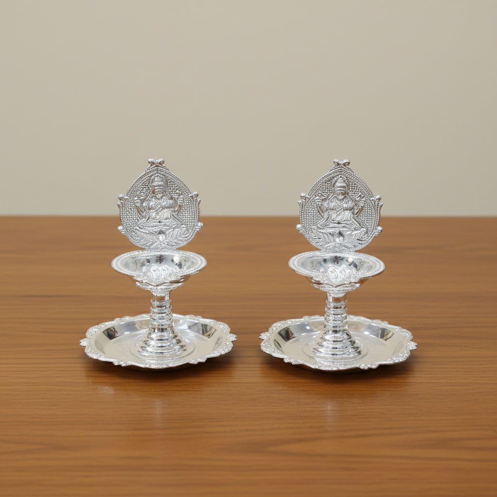 German Silver Lakshmi Diya Set – 2 Lamps with 2 Plates, Elegant Matt Finish for Pooja & Festive Décor