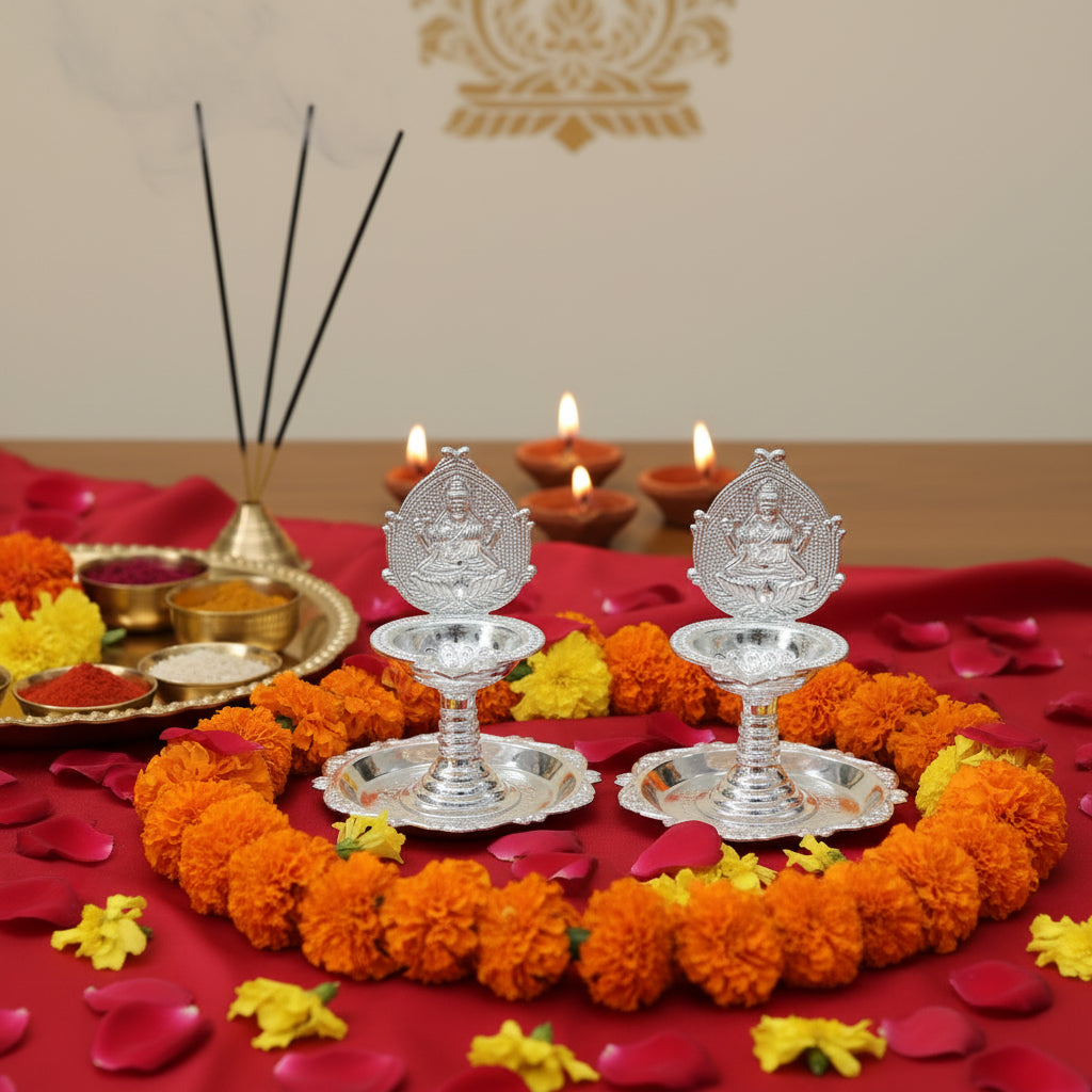 German Silver Lakshmi Diya Set – 2 Lamps with 2 Plates, Elegant Matt Finish for Pooja & Festive Décor