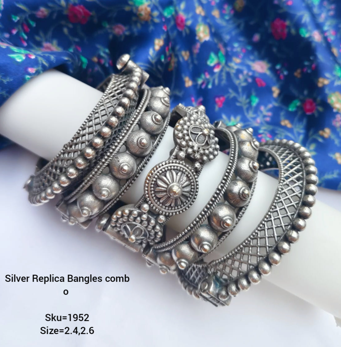 Silver replica 5 pieces Bangles combo, size : 2.4 and 2.6