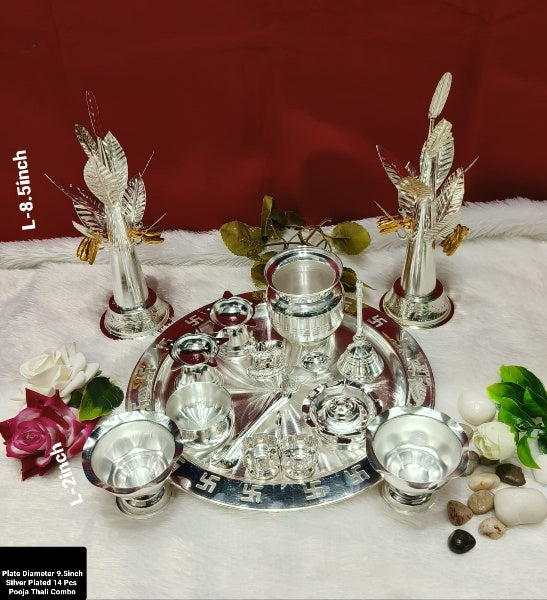 silver plated pooja thali set with banana tree for housewarming pooja/Diwali festival- 14 pieces set