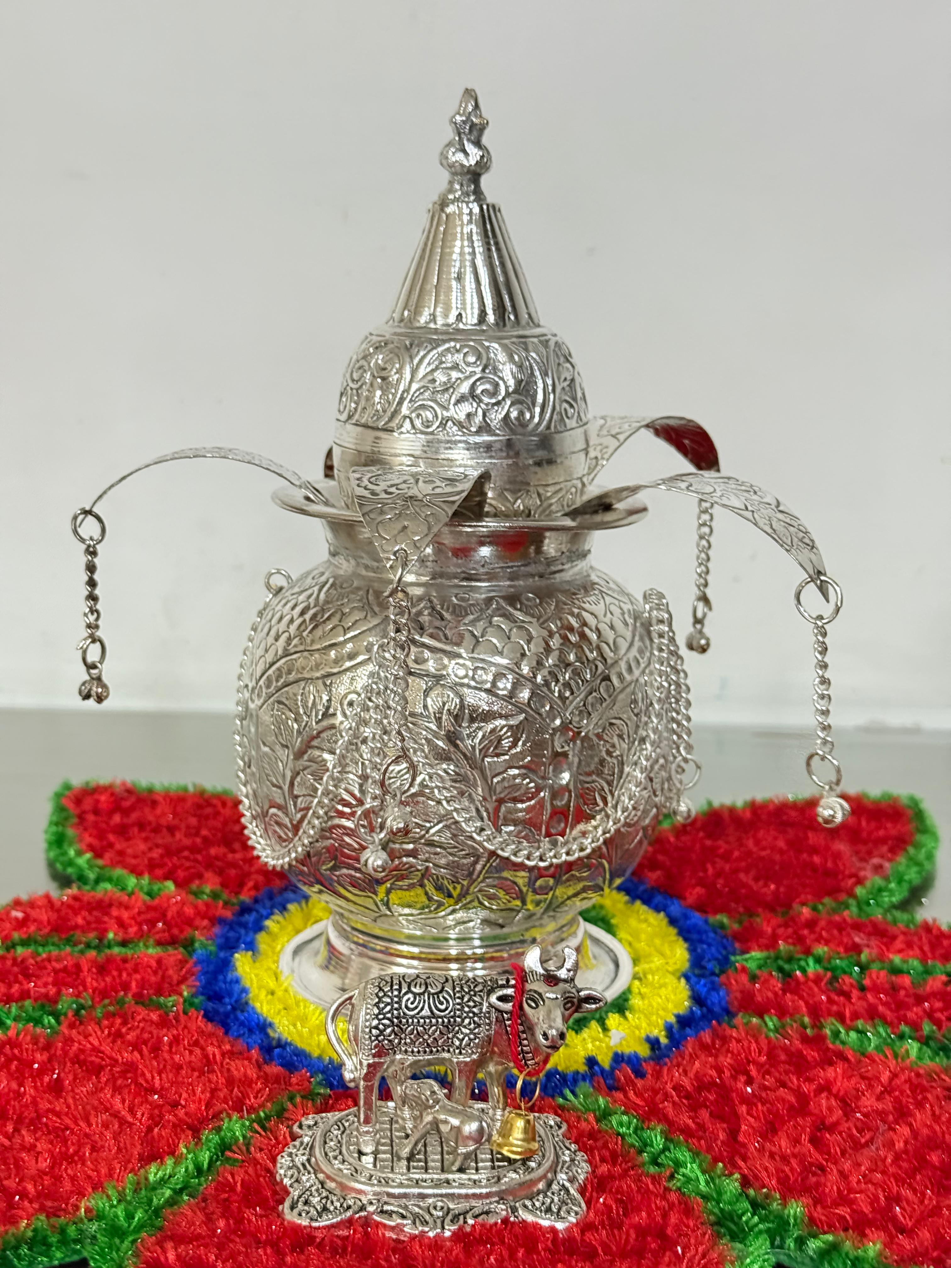german silver antique finish mangal kalash with 2 peacock diya set