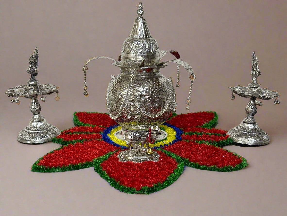 german silver antique finish mangal kalash with 2 peacock diya set