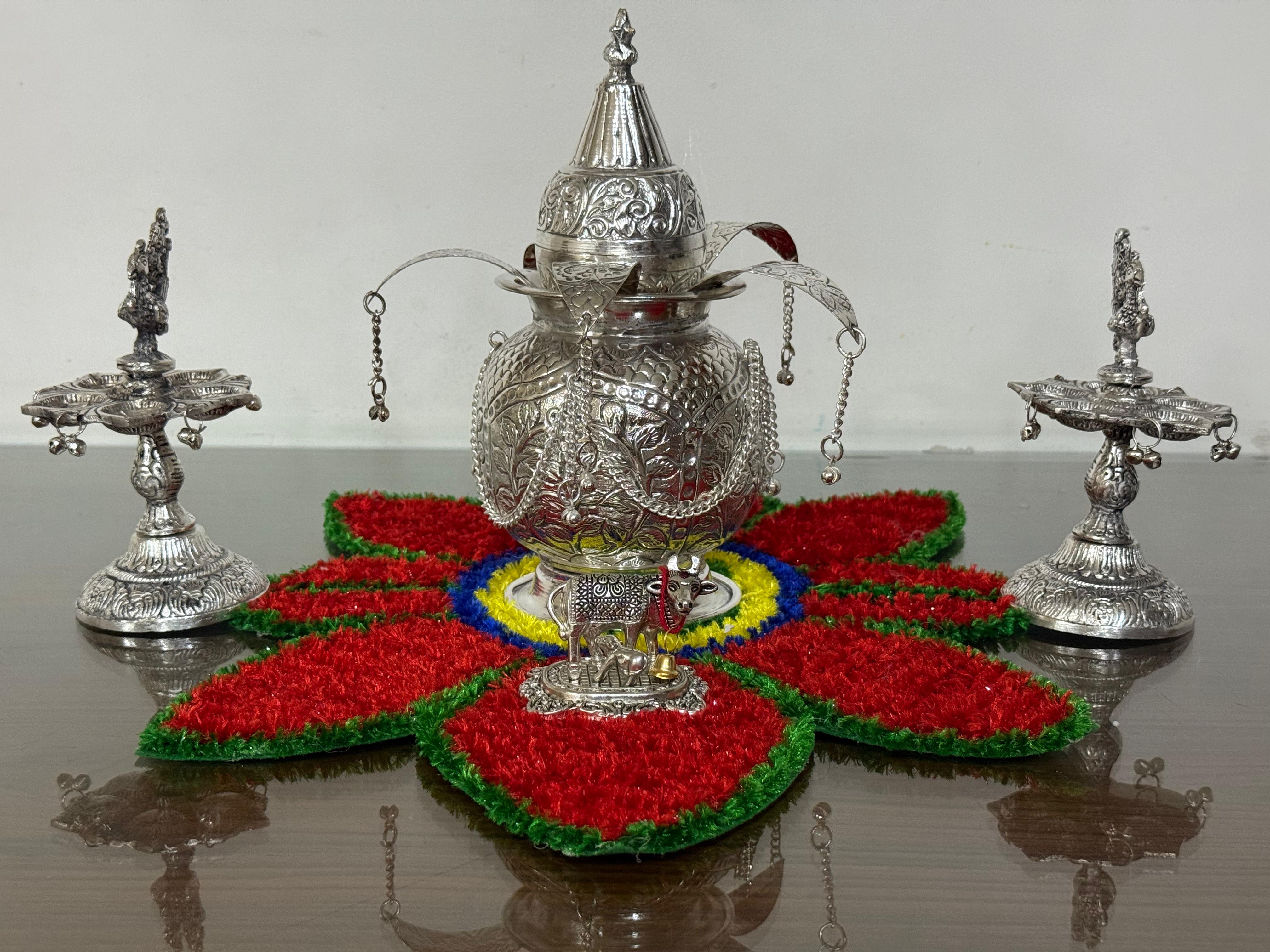 german silver antique finish mangal kalash with 2 peacock diya set